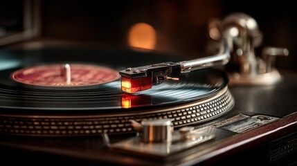 Close-up of a spinning vintage record player emitting a warm inviting glow