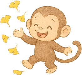 Obraz premium Baby Monkey Playing with Ginkgo Leaves