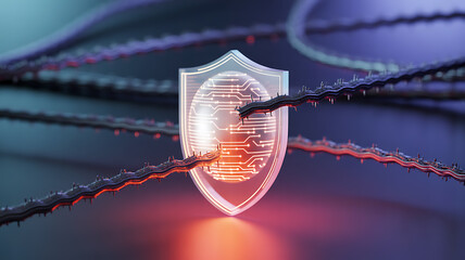 Digital shield protecting a glowing globe from dark digital chains representing cyber threats and data security in a futuristic concept