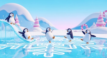 Cartoon Penguins Playing Snowflakeshaped Ice