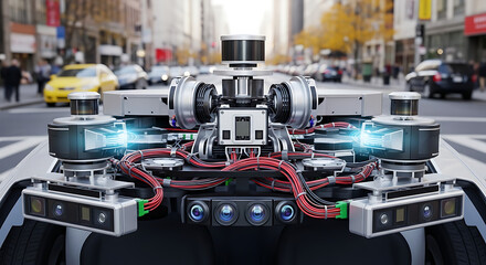 Close up view of a self driving car with sensors and cameras on a city street during the day ai generated