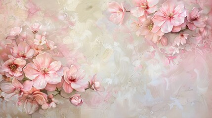 Beautiful pink cherry blossom flowers on a soft beige watercolor background