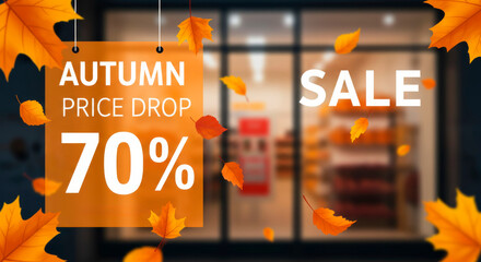 Autumn Price Drop 70% SALE graphic with fall leaves. Seasonal retail promotions and shopping discounts.