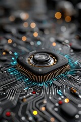 Fototapeta premium Futuristic microchip on a digital circuit board with glowing connections