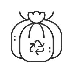 A black outline drawing of a trash bag with the recycle symbol. Editable stroke. Icon vector illustration