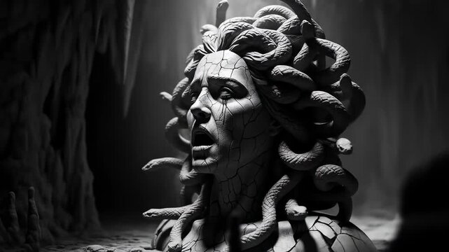 Black and white statue of Medusa with snake hair, mythological stone sculpture symbolizing fear, beauty, and ancient Greek legends.