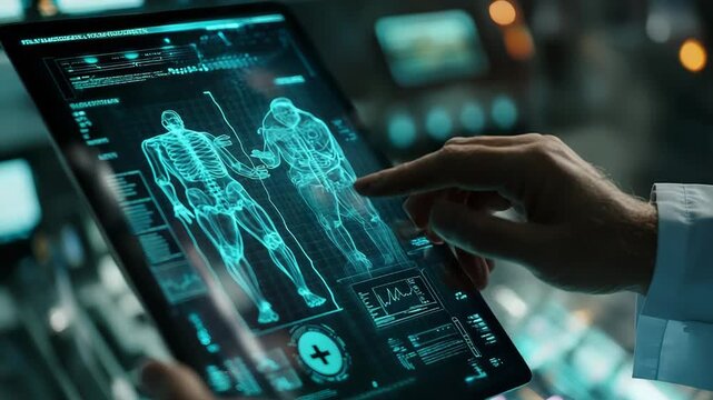 Medical doctor using futuristic tablet showing human body scan in laboratory