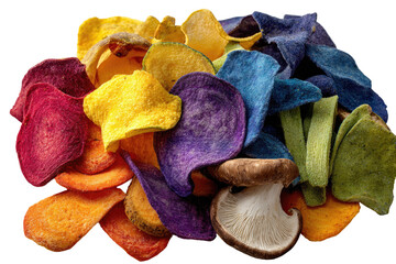 Colorful assortment of dehydrated vegetable chips.  A mix of vibrant, thinly sliced, rainbow-hued chips.  Includes potato, beet, sweet potato, and other colorful root vegetables. 