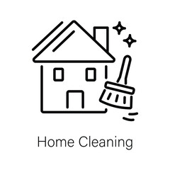 A black outline icon depicts a house chimney sparkles and a brush Text below reads Home Cleaning. Editable stroke. Icon vector illustration
