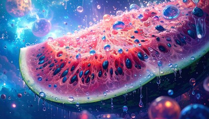 Cosmic Watermelon Slice - Extreme Macro Water Droplets - Surreal Digital Art