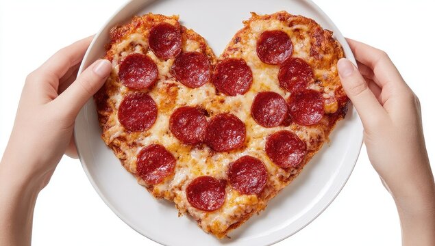 Heart-shaped pizza held in hands