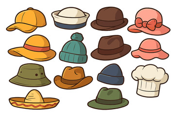Vector cartoon illustration set of various hats and caps. Headwear collection with fedora, beanie, cowboy hat, sunhat, chef hat, sombrero. Isolated fashion accessory icons.