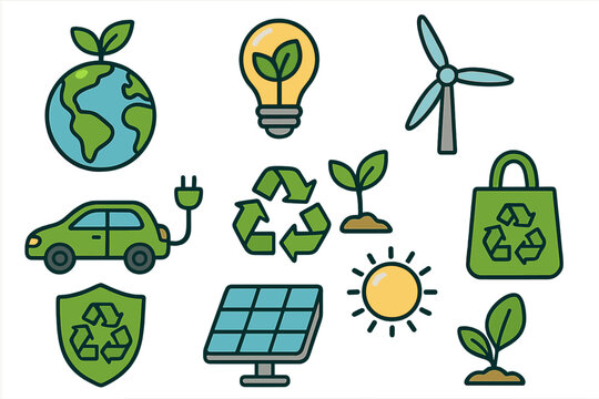 Eco-friendly icon collection. Vector set of sustainability and green energy symbols. Concepts for environment, recycling, conservation, solar power, wind turbine, electric car.