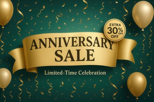 Anniversary SALE with EXTRA 30% OFF limited-time offer, festive gold style, eye-catching retail celebration promo.