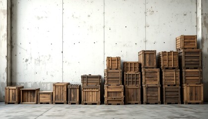 Stacked rustic wooden crates in an industrial concrete warehouse