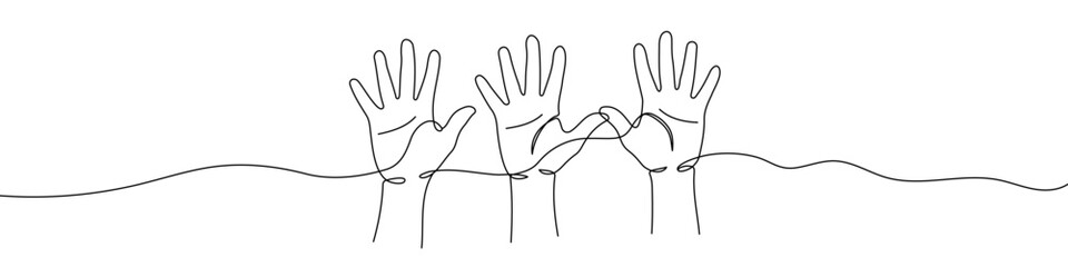 Three raised hands in one line art style. Drawing of hands with editable black stroke on white background. Vector illustration.
