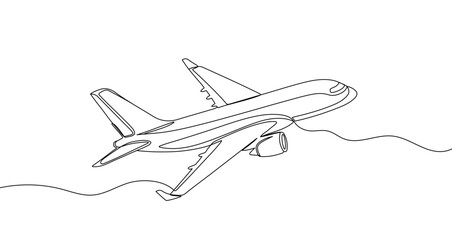 Airplane in one line art style. Drawing of airplane with editable black stroke on white background. Vector illustration.