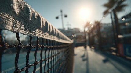 Hyperrealistic detail of padel net texture white tape and mesh pattern bright sunlit court surface background