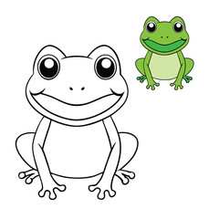 A charming little frog with a big smile, sitting happily on a lily pad, ready for coloring fun with playful details and a joyful, cheerful vibe.
