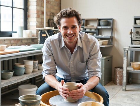 Potter smiling and creating clay mug in workshop