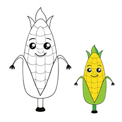 A fun and adorable corn cartoon character coloring page, featuring a smiling ear of corn with big eyes and tiny hands, perfect for kids to color and enjoy.
