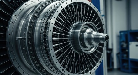 Complex, silver metallic turbine engine detail against a blurred backdrop