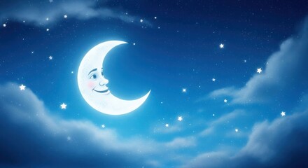 Naklejka premium Crescent moon with smiling face amidst a star-filled, cloudy, deep blue sky