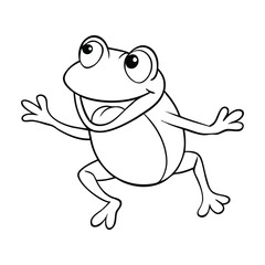 Fototapeta premium A cheerful cartoon frog leaps with joy, wide smile on its face, tongue stretched out to catch a buzzing fly, showing playful energy and fun in a lively scene. 