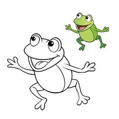 A cheerful cartoon frog leaps with joy, wide smile on its face, tongue stretched out to catch a buzzing fly, showing playful energy and fun in a lively scene.
