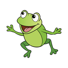 A cheerful cartoon frog leaps with joy, wide smile on its face, tongue stretched out to catch a buzzing fly, showing playful energy and fun in a lively scene.
