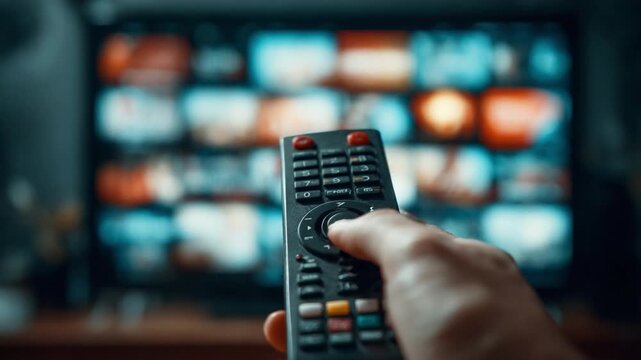 Navigating Entertainment: A close-up shot of a hand holding a remote control, directing a large flat-screen television. A digital grid of streaming options is vividly displayed.