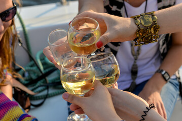 people salute with glasses of white wine