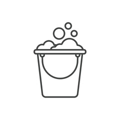 A dark gray line drawing of a bucket filled with foam bubbles floating above. Editable stroke. Icon vector illustration