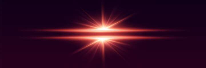 Abstract glowing red flare with shining rays and reflection on dark background.