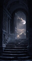 Ancient stairway leading to a moonlit archway