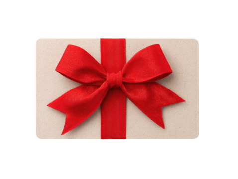 Gift card or certificate, rectangular, light beige/tan colored, with a vibrant red bow