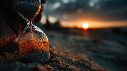 Holding time in an hourglass against sunset