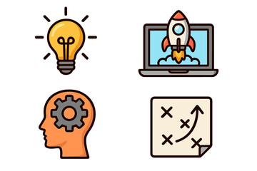 Business innovation and startup strategy icon set. Creative idea lightbulb, rocket launch from laptop, mindset gear, and project planning map. Technology development concept.