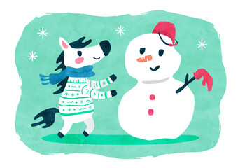 セーターを着た馬と雪だるま 午年の冬の水彩イラスト