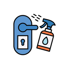 A blue door handle next to a spray bottle Three lines indicate spray mist The bottle has a blue top an orange outline and a light blue waterdrop. Editable stroke. Icon vector illustration