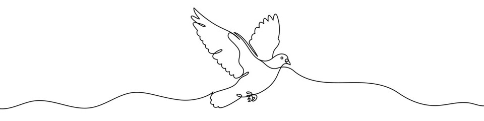 Dove in one line art style. Dove drawing with editable black stroke on white background. Vector illustration.