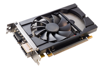 Isolated graphics card with fan and ports for pc building and upgrades transparent background