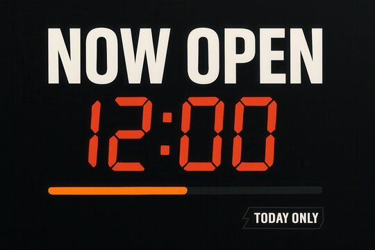NOW OPEN at 12:00 with TODAY ONLY promotion, sleek digital style, engaging retail offer for immediate attention.