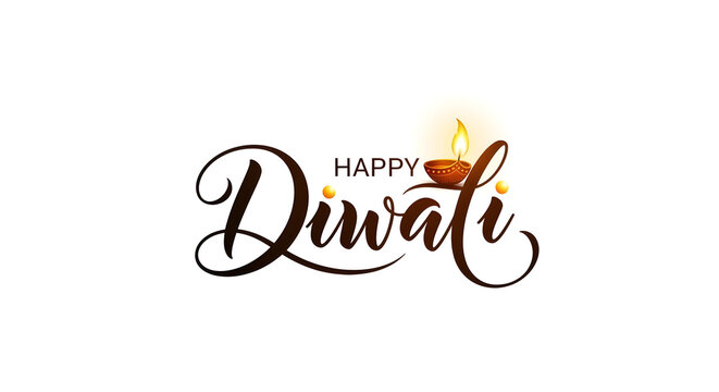 Happy diwali text with a decorative oil lamp on a white background for the festival of lights celebration