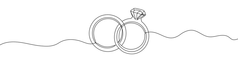 Two wedding rings in one line art style. Wedding rings drawing with editable black stroke on white background. Vector illustration.
