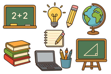 Education icons set. School supplies for learning, creativity, knowledge. Vector cartoon chalkboard, globe, book, laptop, lightbulb idea, pencil. Back to school classroom concept.