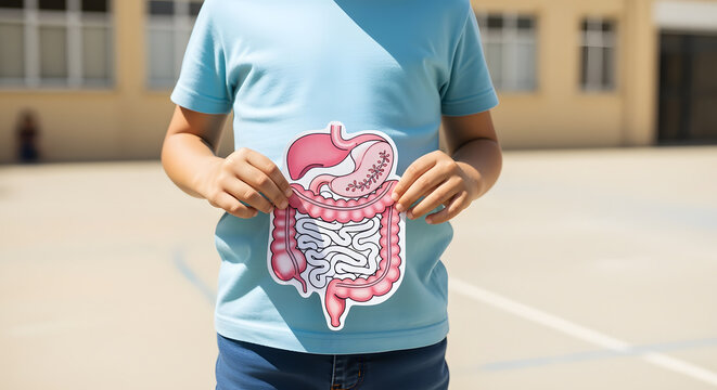 Child Holding Educational Paper Model of Human Digestive System Outside School Building - Powered by Adobe