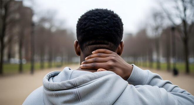 Young Man with Short Curly Hair Wearing Light Gray Hoodie Standing Outdoors in Park