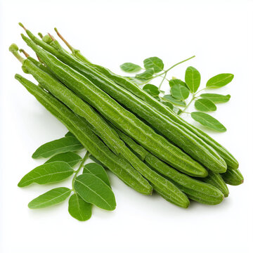 moringa pods drumsticks on white background