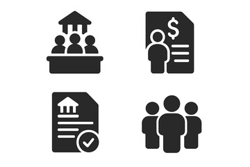 Governance icon set. Government meeting, budget allocation, and public policy vector icons. Concepts for administration, law, finance, council, and community engagement.